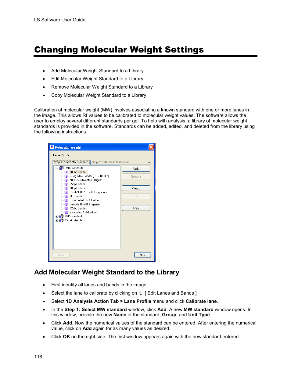 Changing molecular weight settings, Add molecular weight standard to the library | UVP Life Science User Manual | Page 130 / 269