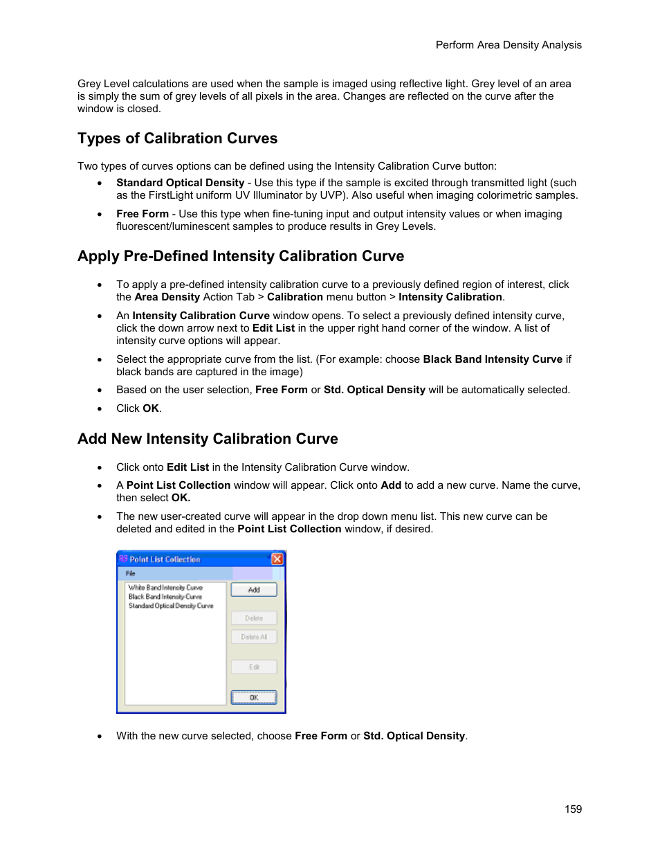Types of calibration curves, Apply pre-defined intensity calibration curve, Add new intensity calibration curve | UVP Life Science User Manual | Page 173 / 269