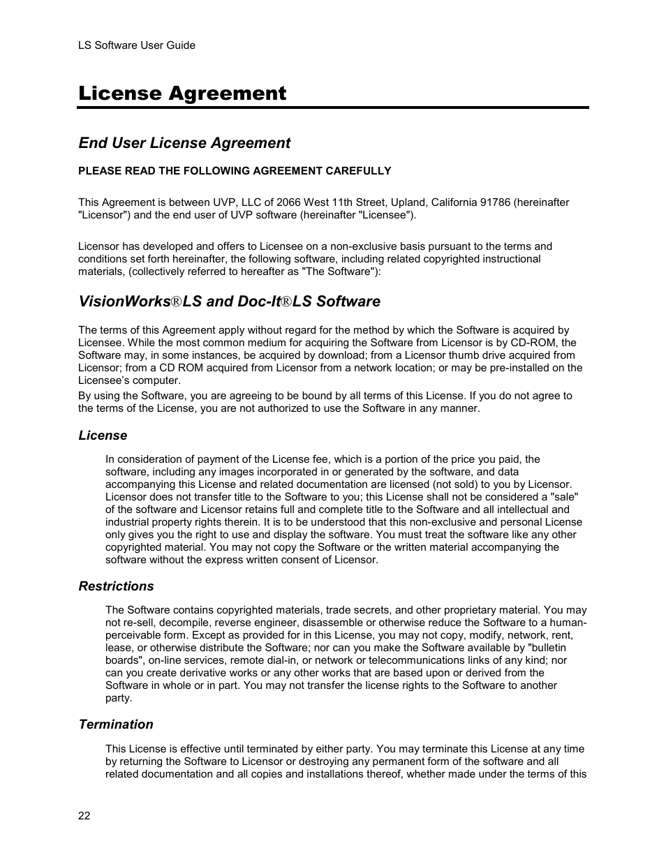 License agreement, End user license agreement, Visionworks ® ls and doc-it ® ls software | UVP Life Science User Manual | Page 36 / 269