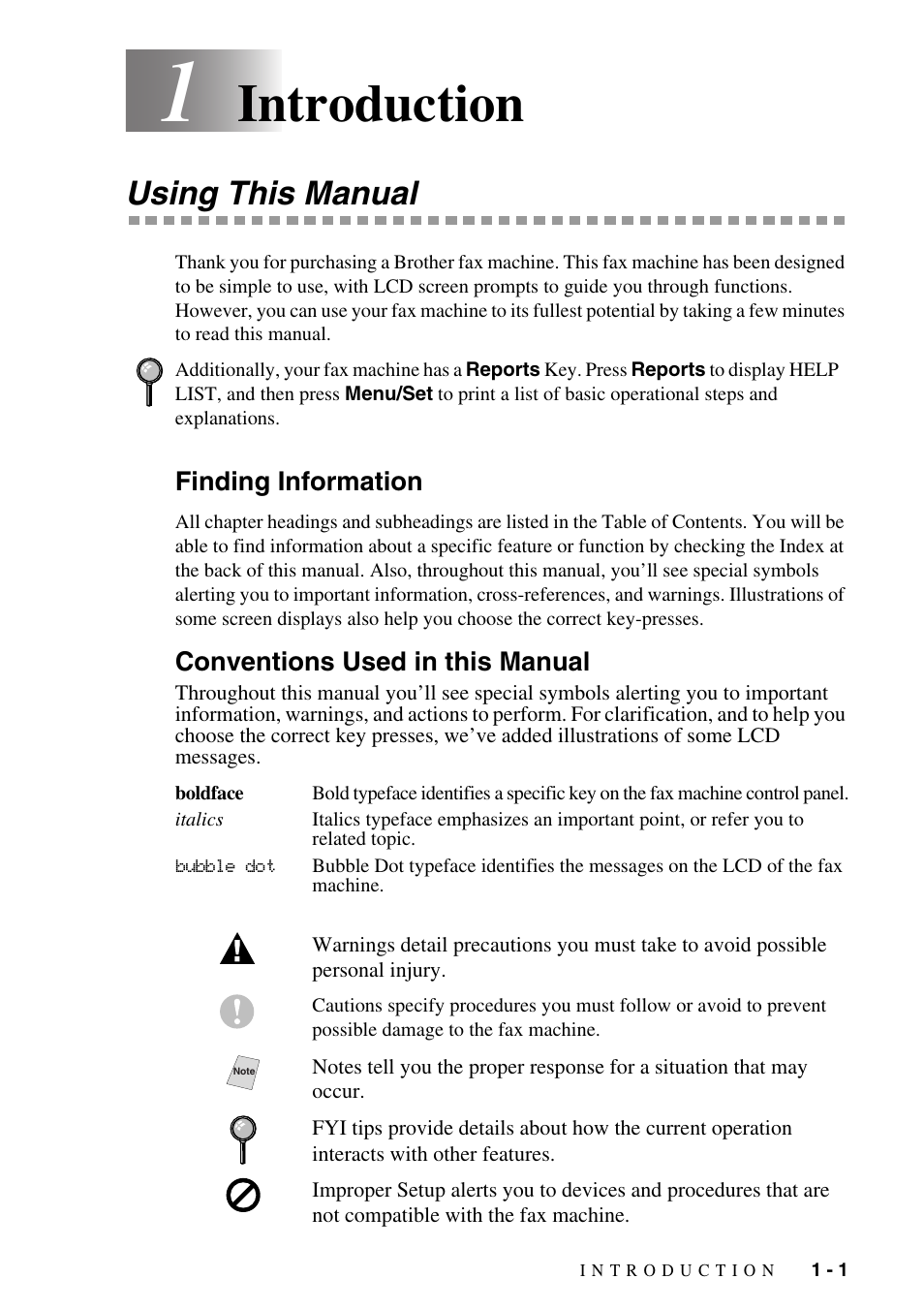 1 introduction, Using this manual, Finding information | Conventions used in this manual, Introduction -1, Using this manual -1, Introduction | Brother FAX-775Si User Manual | Page 15 / 96