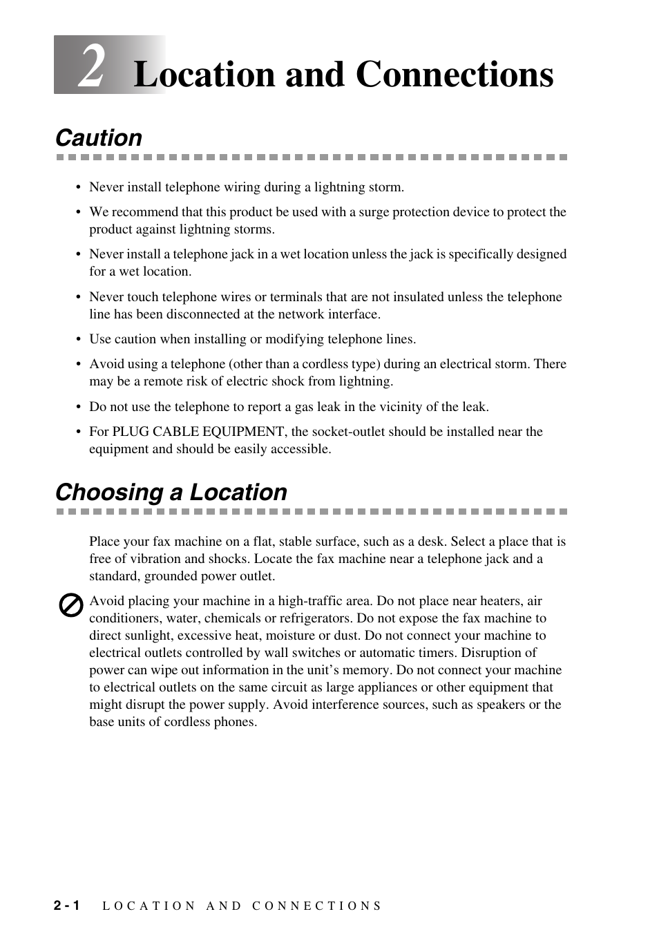 2 location and connections, Caution, Choosing a location | Location and connections -1, Caution -1 choosing a location -1, Location and connections | Brother FAX-775Si User Manual | Page 20 / 96