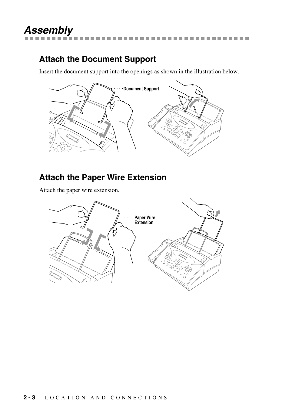 Assembly, Attach the document support, Attach the paper wire extension | Assembly -3 | Brother FAX-775Si User Manual | Page 22 / 96