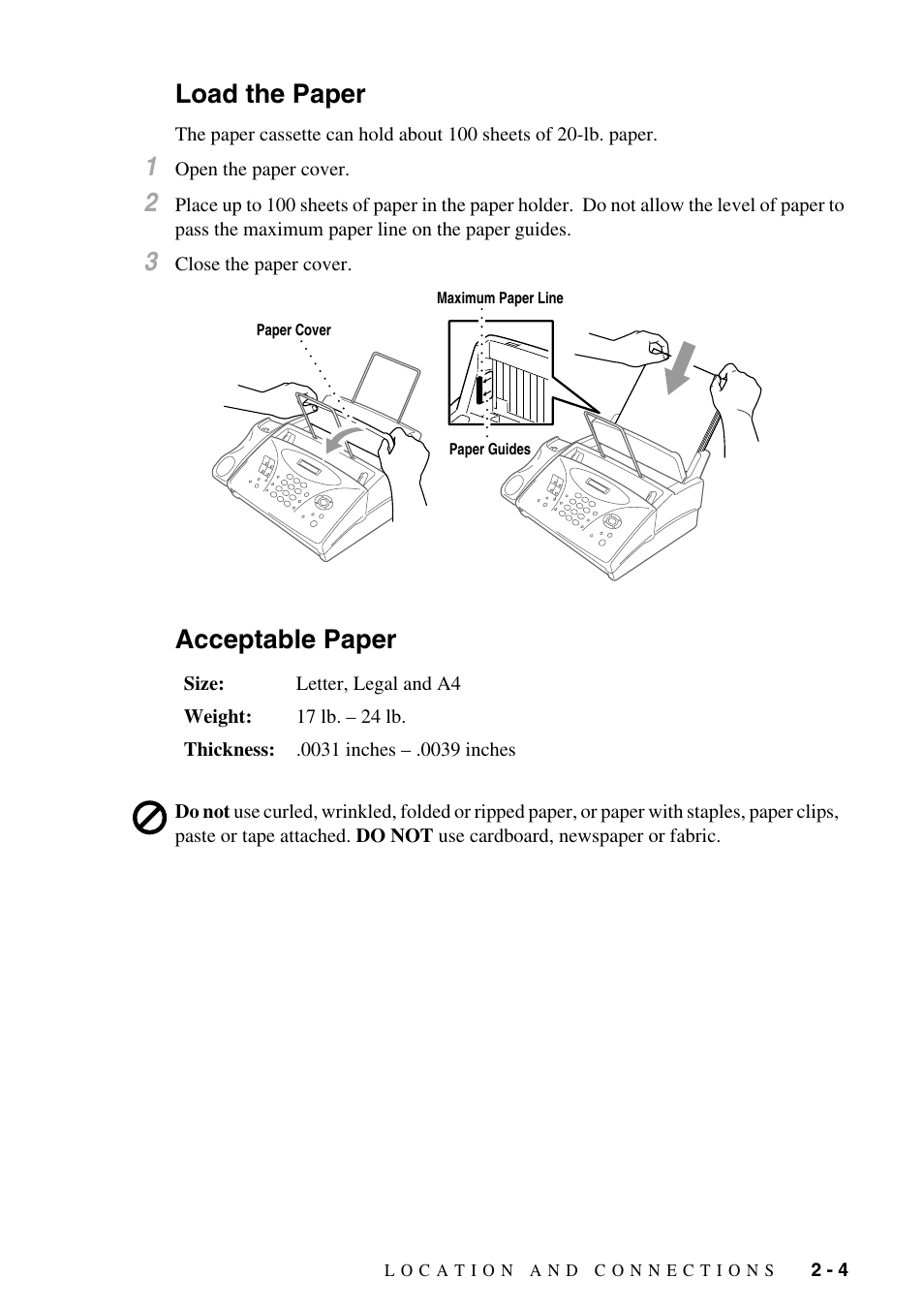 Load the paper, Acceptable paper, Load the paper -4 acceptable paper -4 | Brother FAX-775Si User Manual | Page 23 / 96