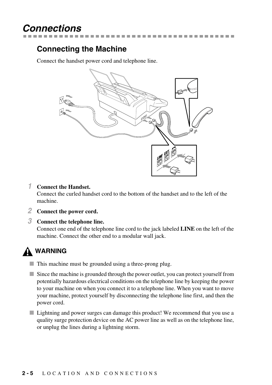 Connections, Connecting the machine, Connections -5 | Connecting the machine -5 | Brother FAX-775Si User Manual | Page 24 / 96