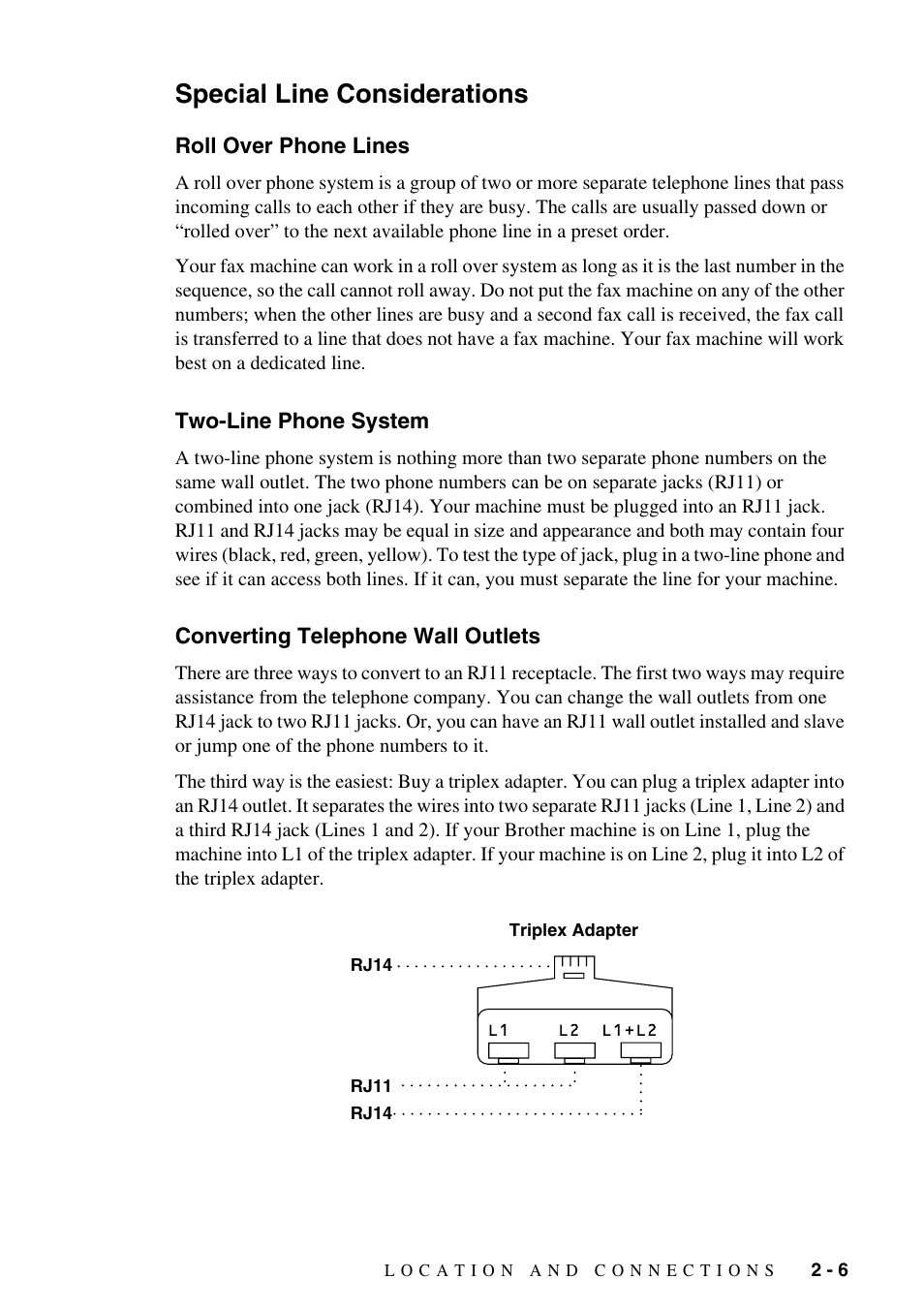 Special line considerations, Roll over phone lines, Two-line phone system | Converting telephone wall outlets, Special line considerations -6 | Brother FAX-775Si User Manual | Page 25 / 96