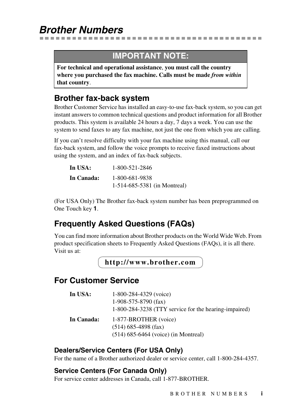 Brother numbers, Brother fax-back system, Frequently asked questions (faqs) | For customer service, Dealers/service centers (for usa only), Service centers (for canada only) | Brother FAX-775Si User Manual | Page 3 / 96