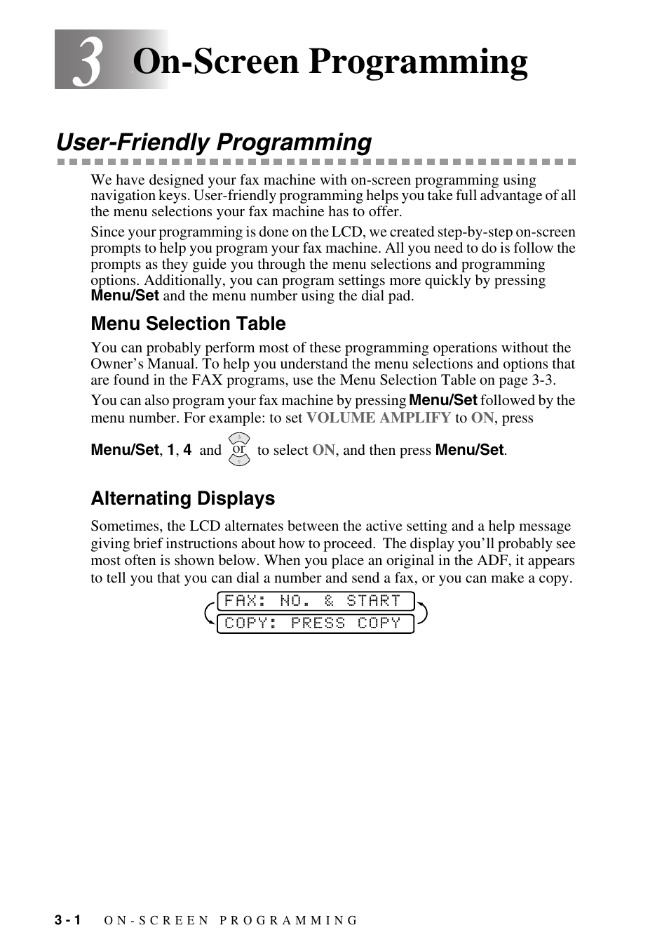 3 on-screen programming, User-friendly programming, Menu selection table | Alternating displays, On-screen programming -1, User-friendly programming -1, Menu selection table -1 alternating displays -1, On-screen programming | Brother FAX-775Si User Manual | Page 30 / 96