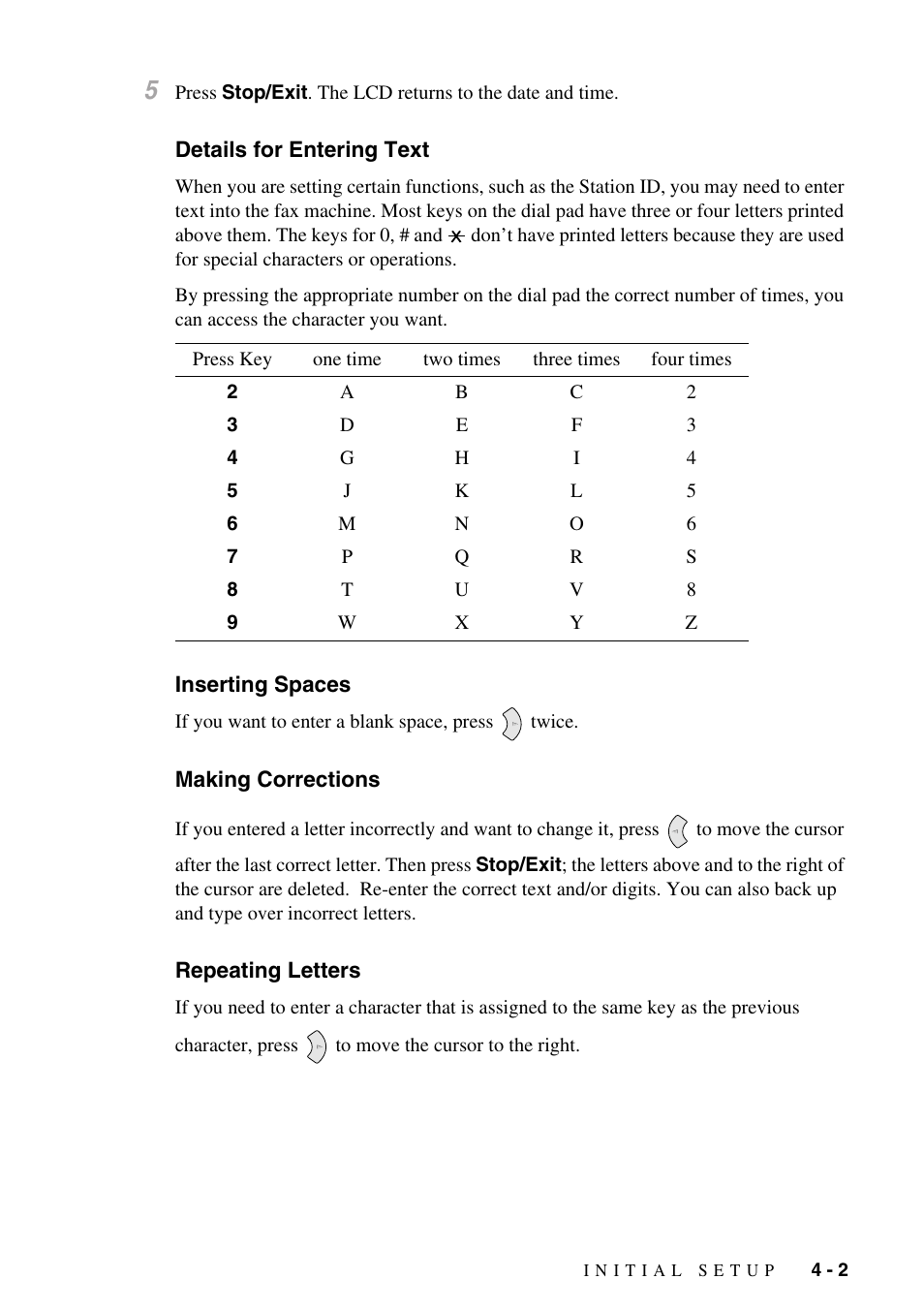 Details for entering text, Inserting spaces, Making corrections | Repeating letters | Brother FAX-775Si User Manual | Page 37 / 96