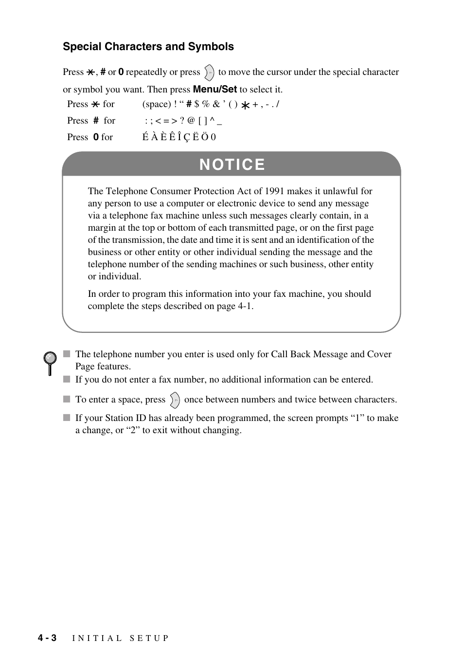 Special characters and symbols, Special characters and symbols -3, N ot i c e | Brother FAX-775Si User Manual | Page 38 / 96