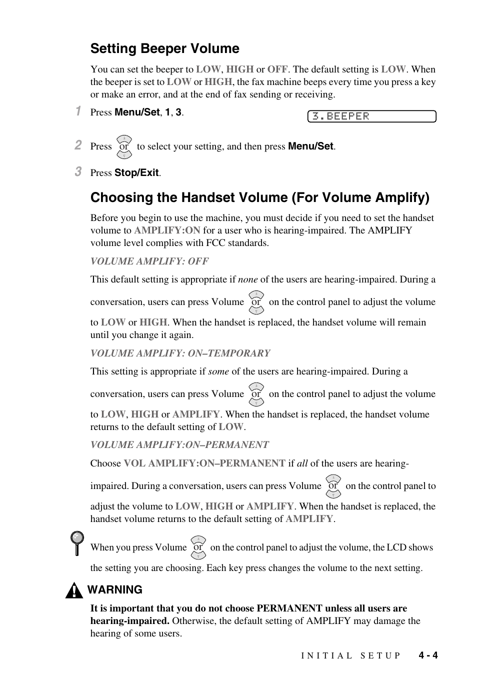 Setting beeper volume, Choosing the handset volume (for volume amplify) | Brother FAX-775Si User Manual | Page 39 / 96