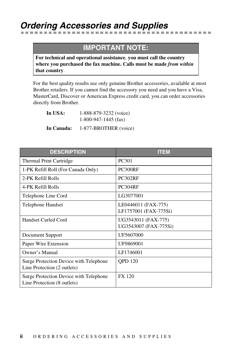 Ordering accessories and supplies | Brother FAX-775Si User Manual | Page 4 / 96