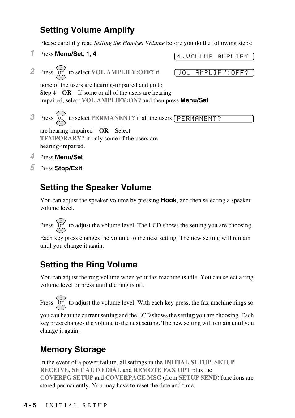 Setting volume amplify, Setting the speaker volume, Setting the ring volume | Memory storage | Brother FAX-775Si User Manual | Page 40 / 96