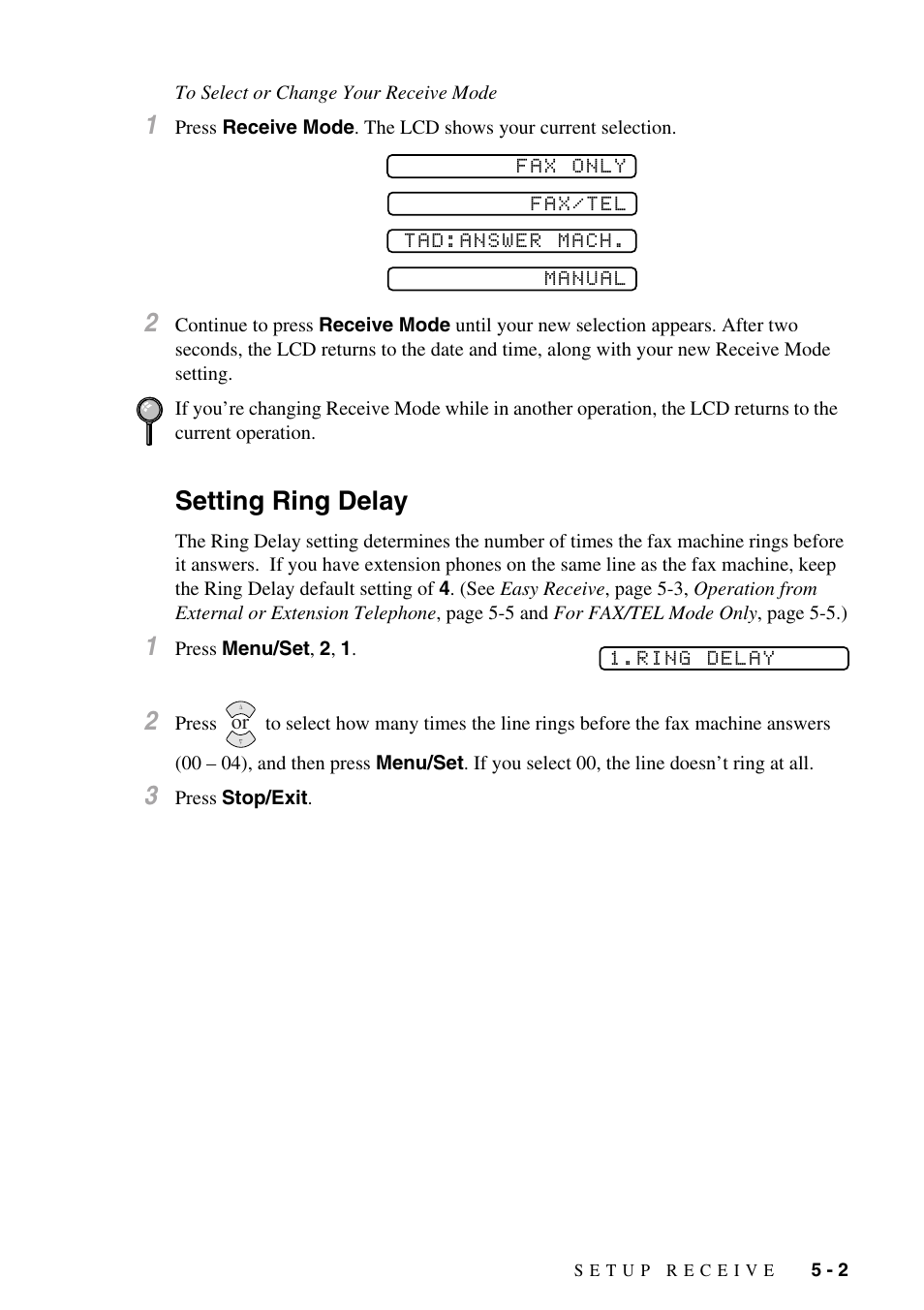 Setting ring delay, To select or change your receive mode -2, Setting ring delay -2 | Brother FAX-775Si User Manual | Page 43 / 96