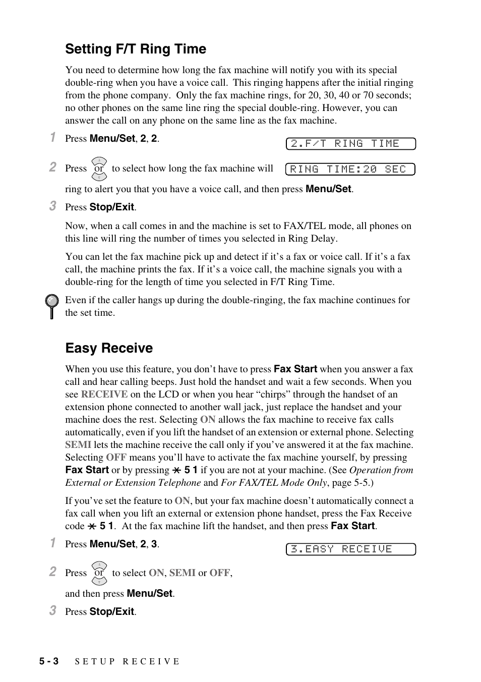 Setting f/t ring time, Easy receive, Setting f/t ring time -3 easy receive -3 | Brother FAX-775Si User Manual | Page 44 / 96