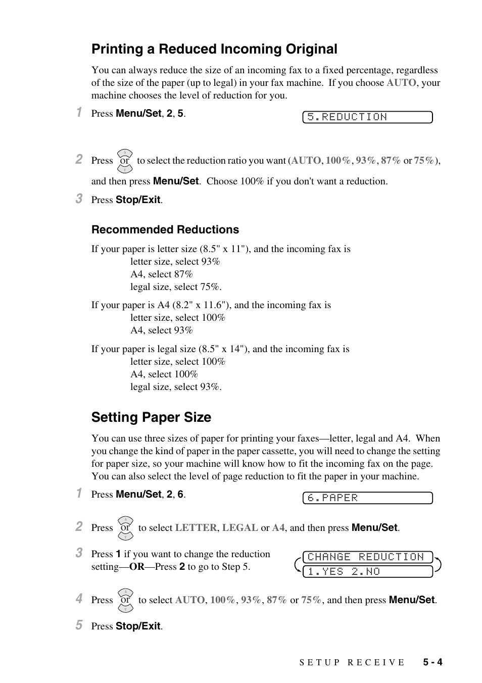 Printing a reduced incoming original, Recommended reductions, Setting paper size | Printing a reduced incoming original -4, Recommended reductions -4, Setting paper size -4 | Brother FAX-775Si User Manual | Page 45 / 96