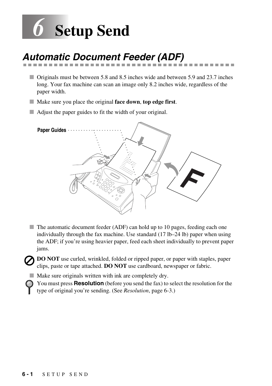 6 setup send, Automatic document feeder (adf), Setup send -1 | Automatic document feeder (adf) -1, Setup send | Brother FAX-775Si User Manual | Page 48 / 96