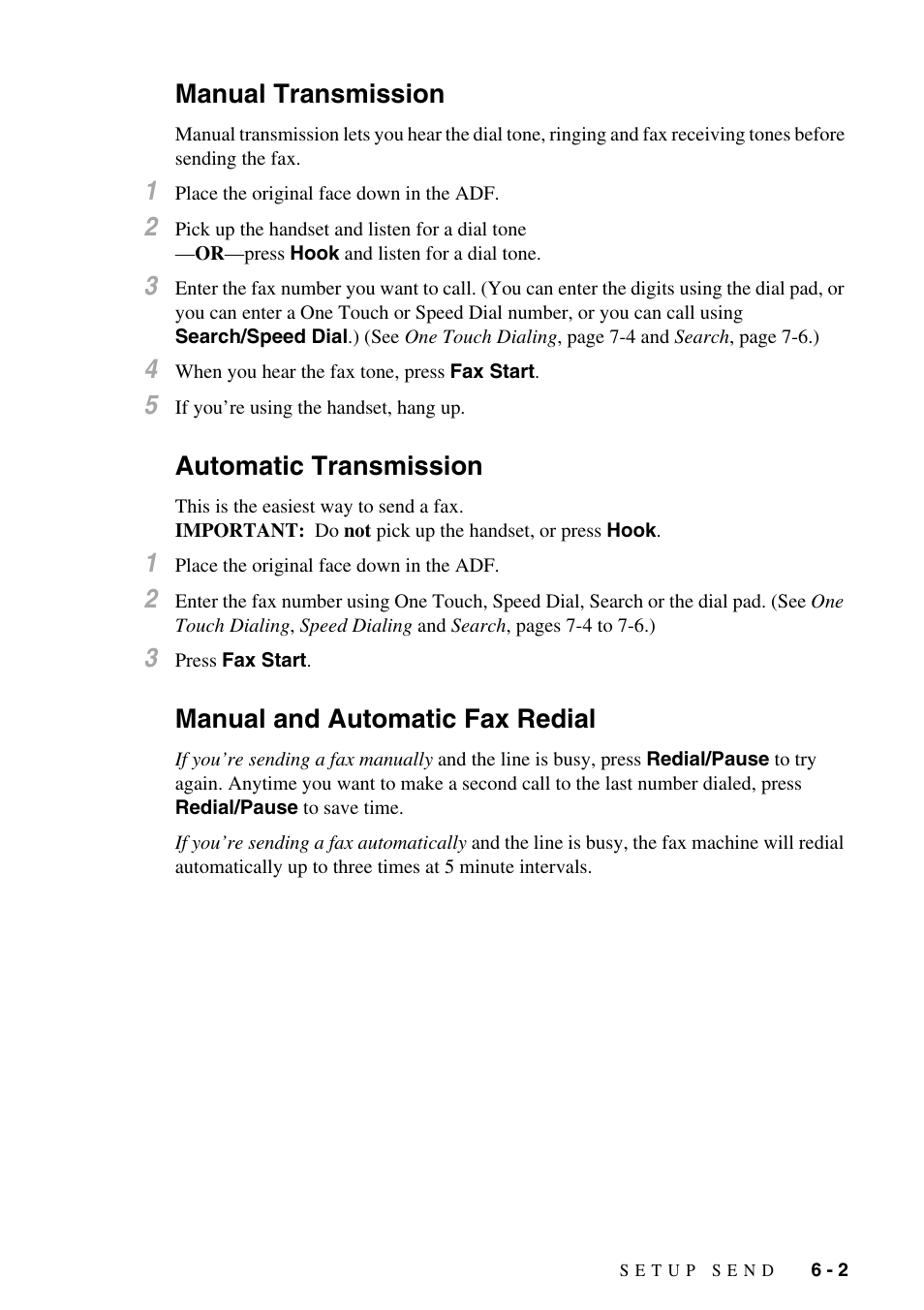 Manual transmission, Automatic transmission, Manual and automatic fax redial | Brother FAX-775Si User Manual | Page 49 / 96