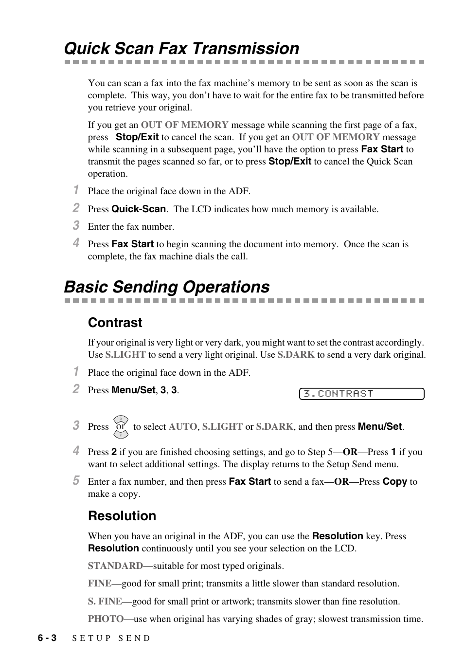 Quick scan fax transmission, Basic sending operations, Contrast | Resolution, Contrast -3 resolution -3 | Brother FAX-775Si User Manual | Page 50 / 96