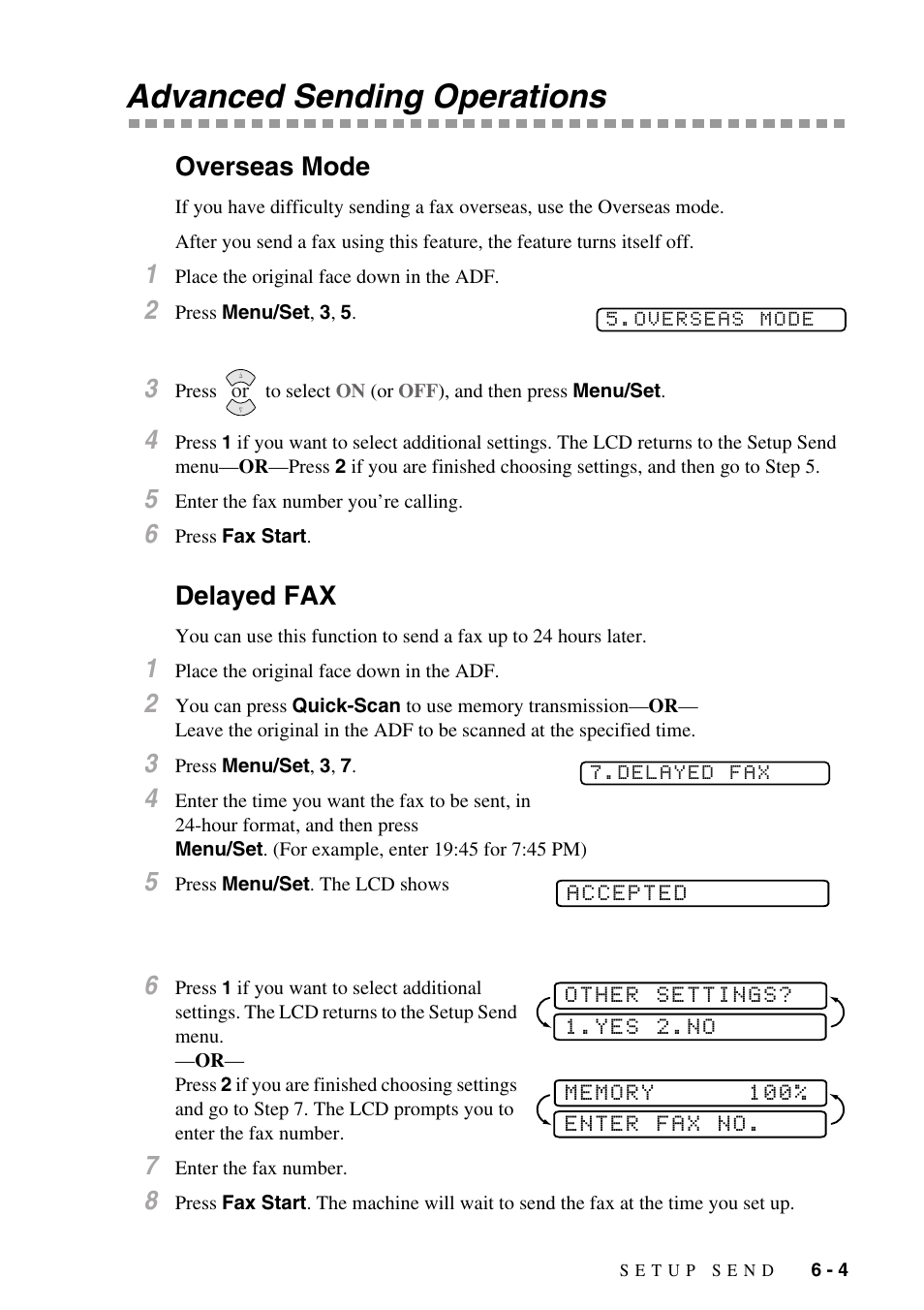 Advanced sending operations, Overseas mode, Delayed fax | Advanced sending operations -4, Overseas mode -4 delayed fax -4 | Brother FAX-775Si User Manual | Page 51 / 96