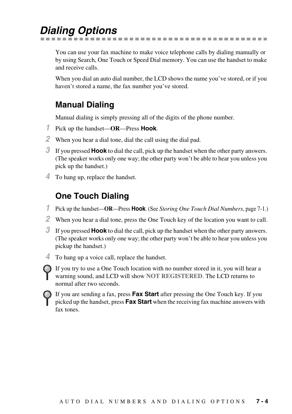 Dialing options, Manual dialing, One touch dialing | Dialing options -4, Manual dialing -4 one touch dialing -4, One touch dialing 1 | Brother FAX-775Si User Manual | Page 57 / 96