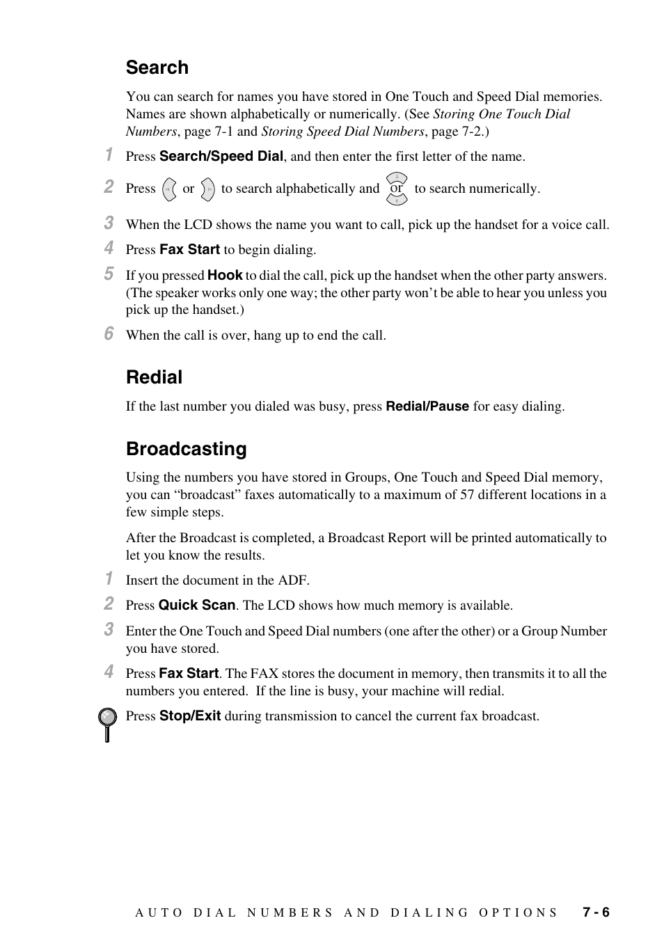 Search, Redial, Broadcasting | Search -6 redial -6, Broadcasting -6 | Brother FAX-775Si User Manual | Page 59 / 96