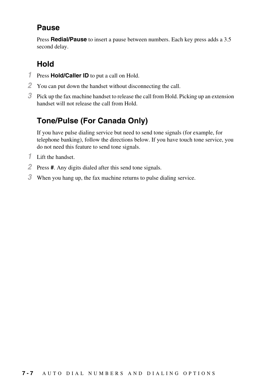 Pause, Hold, Tone/pulse (for canada only) | Pause -7 hold -7 tone/pulse (for canada only) -7, Hold 1 | Brother FAX-775Si User Manual | Page 60 / 96