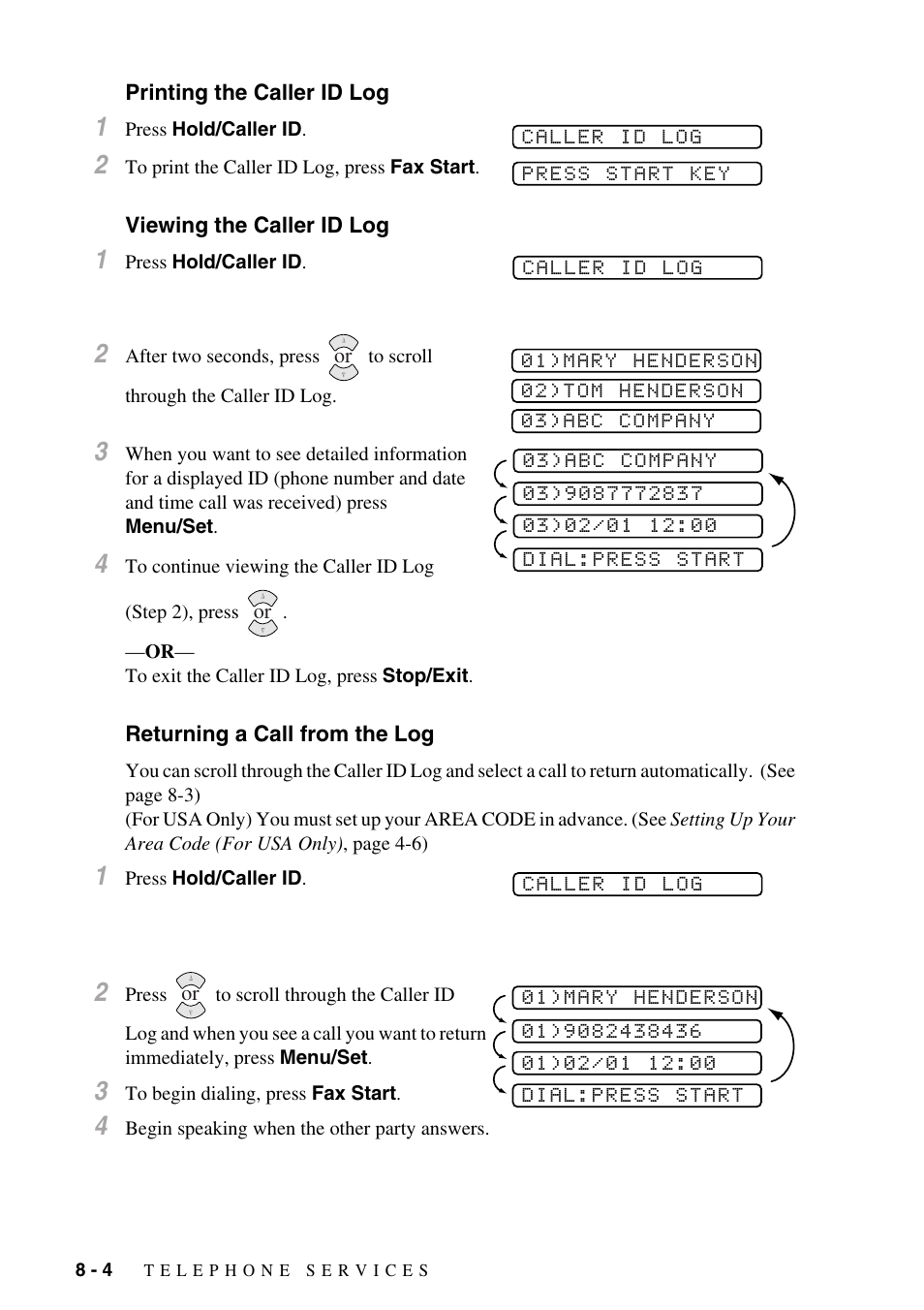 Printing the caller id log, Viewing the caller id log, Returning a call from the log | Brother FAX-775Si User Manual | Page 64 / 96