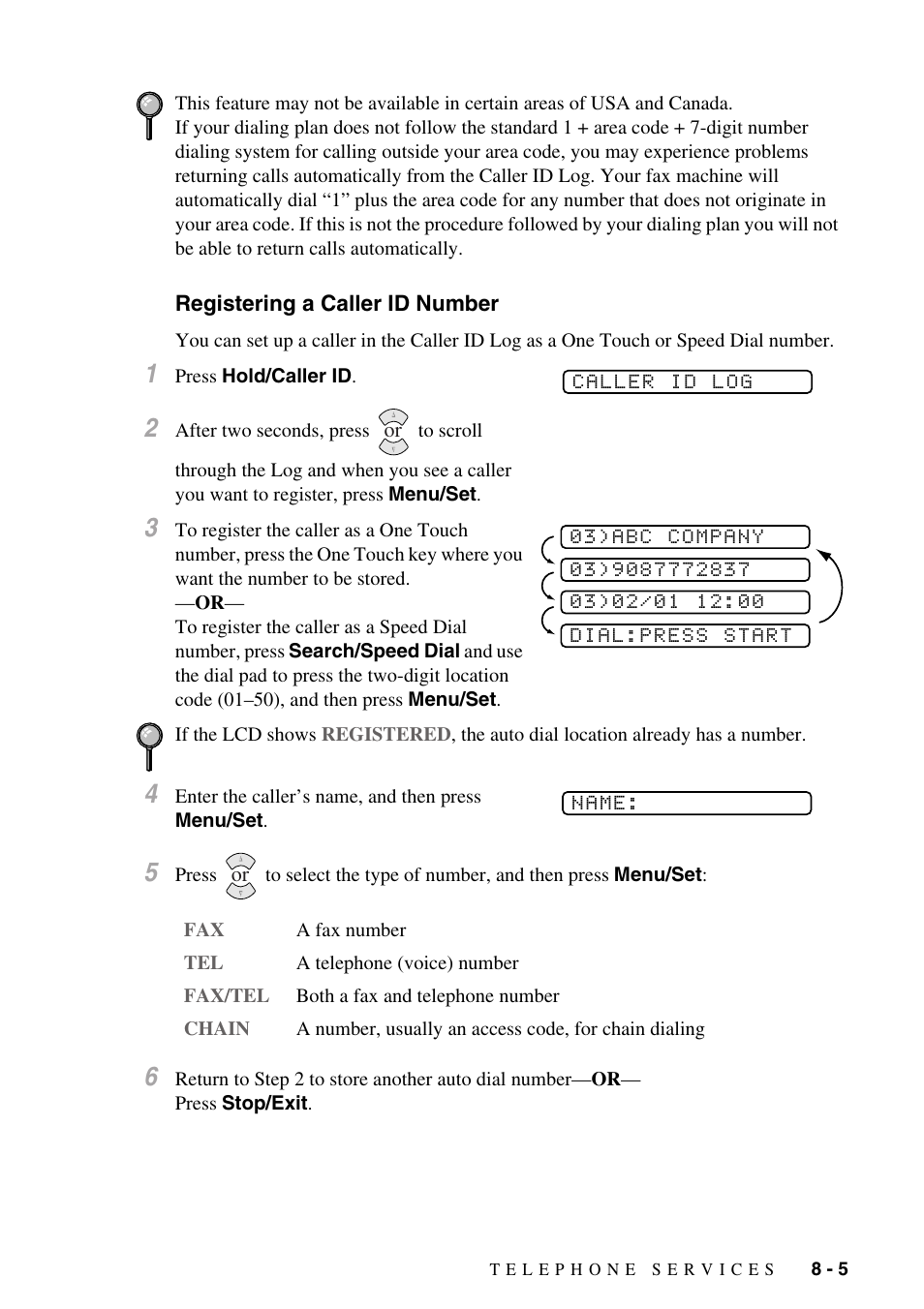 Registering a caller id number, Registering a caller id number -5 | Brother FAX-775Si User Manual | Page 65 / 96