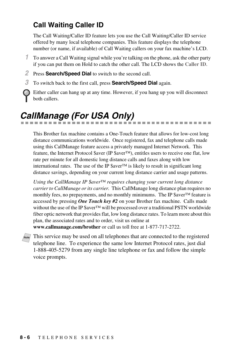 Call waiting caller id, Callmanage (for usa only), Call waiting caller id -6 | Callmanage (for usa only) -6 | Brother FAX-775Si User Manual | Page 66 / 96