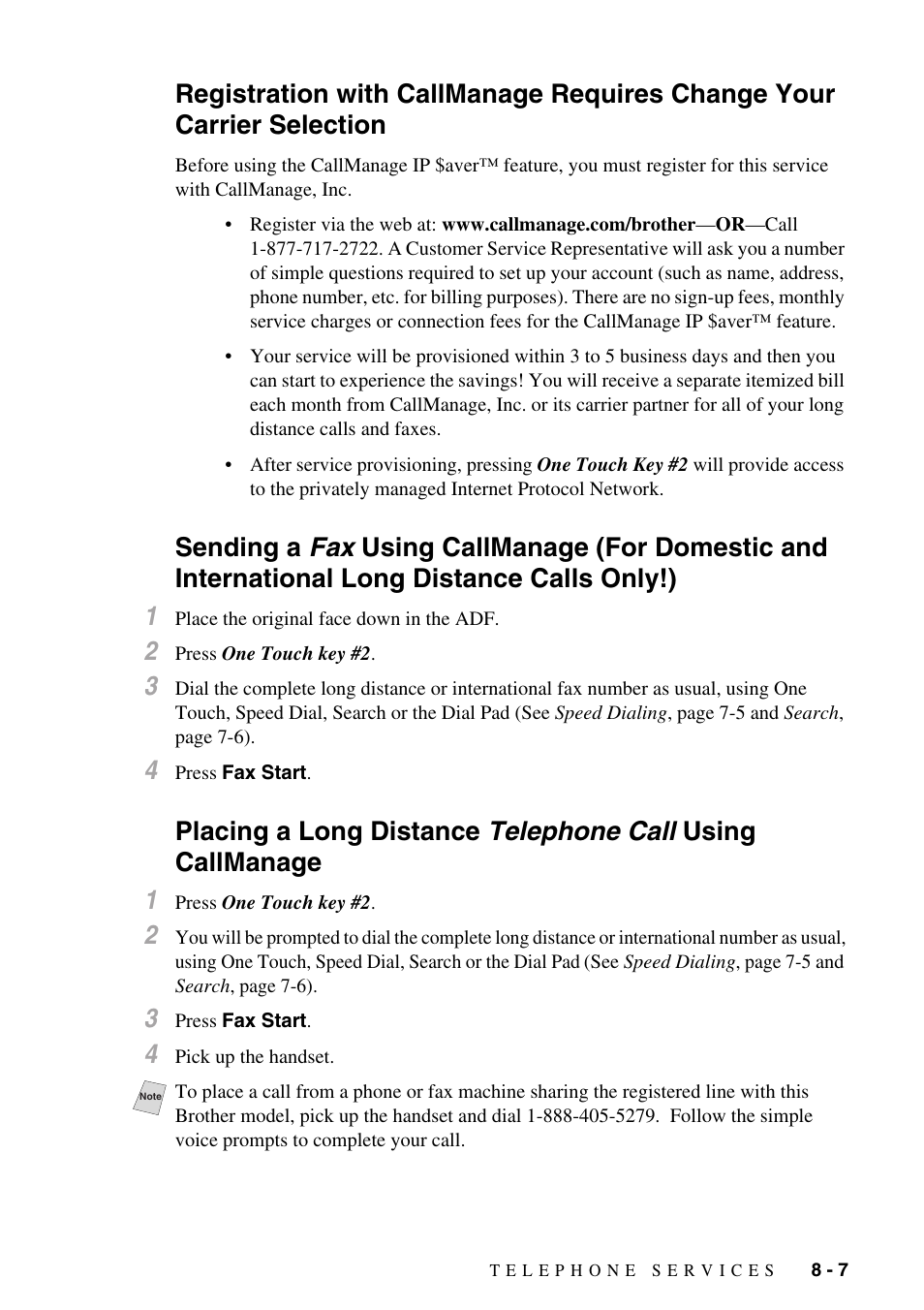 Registration with callmanage requires change your, Carrier selection -7, Sending a fax using callmanage (for domestic | And international long distance calls only!) -7 | Brother FAX-775Si User Manual | Page 67 / 96