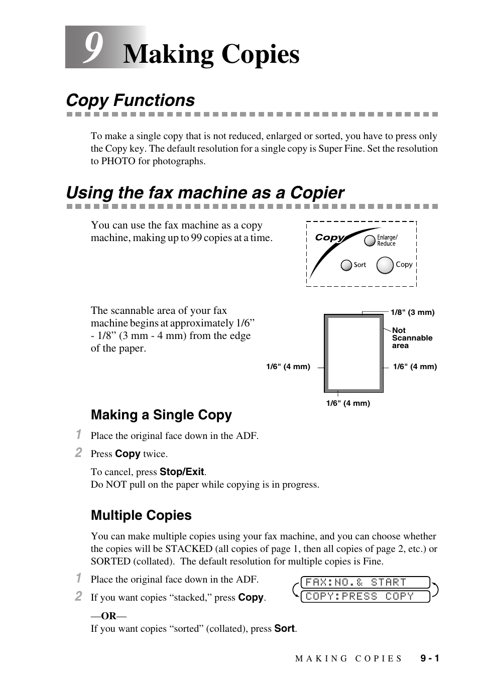 9 making copies, Copy functions, Using the fax machine as a copier | Making a single copy, Multiple copies, Making copies -1, Making a single copy -1 multiple copies -1, Making copies | Brother FAX-775Si User Manual | Page 69 / 96