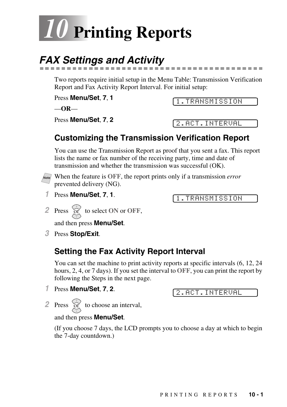 10 printing reports, Fax settings and activity, Customizing the transmission verification report | Setting the fax activity report interval, Printing reports -1, Fax settings and activity -1, Printing reports | Brother FAX-775Si User Manual | Page 71 / 96