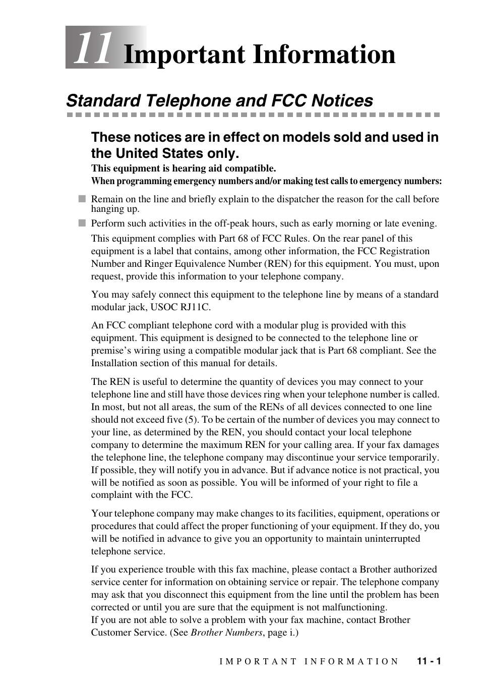 11 important information, Standard telephone and fcc notices, Important information -1 | Standard telephone and fcc notices -1, Ed states only -1, Important information | Brother FAX-775Si User Manual | Page 73 / 96