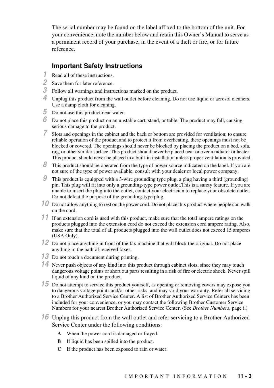 Important safety instructions, Important safety instructions -3 | Brother FAX-775Si User Manual | Page 75 / 96