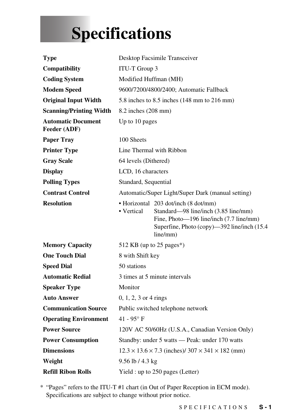 Specifications | Brother FAX-775Si User Manual | Page 87 / 96