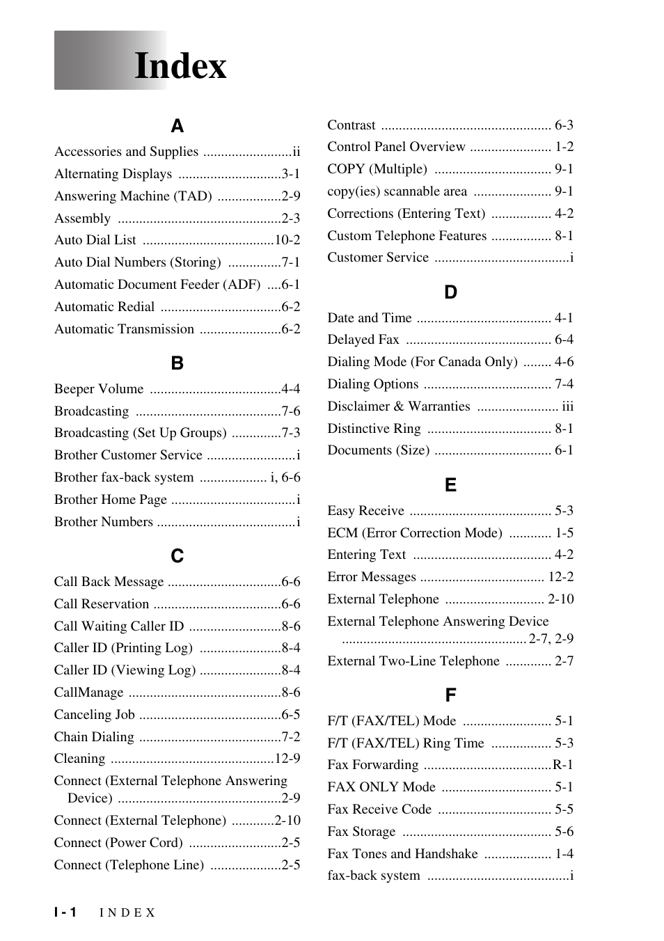 Index | Brother FAX-775Si User Manual | Page 88 / 96