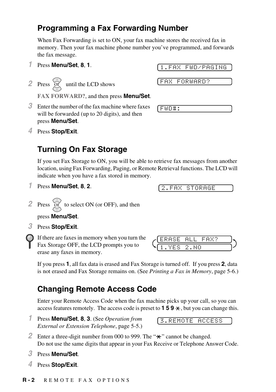 Programming a fax forwarding number, Turning on fax storage, Changing remote access code | Brother FAX-775Si User Manual | Page 92 / 96