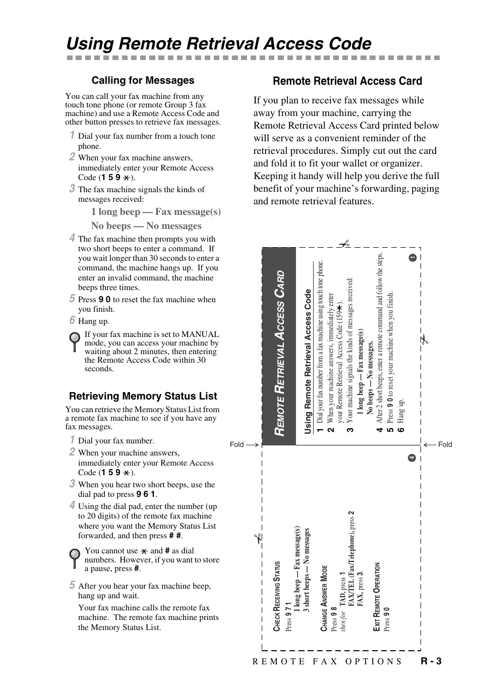 Using remote retrieval access code, Calling for messages, Retrieving memory status list | Remote retrieval access card | Brother FAX-775Si User Manual | Page 93 / 96