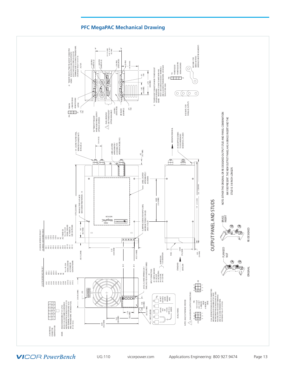 Mechanical drawings, Pfc megapac mechanical drawing, Output panel and stud s | Vicor Mini MegaPAC AC-DC Switcher User Manual | Page 13 / 27