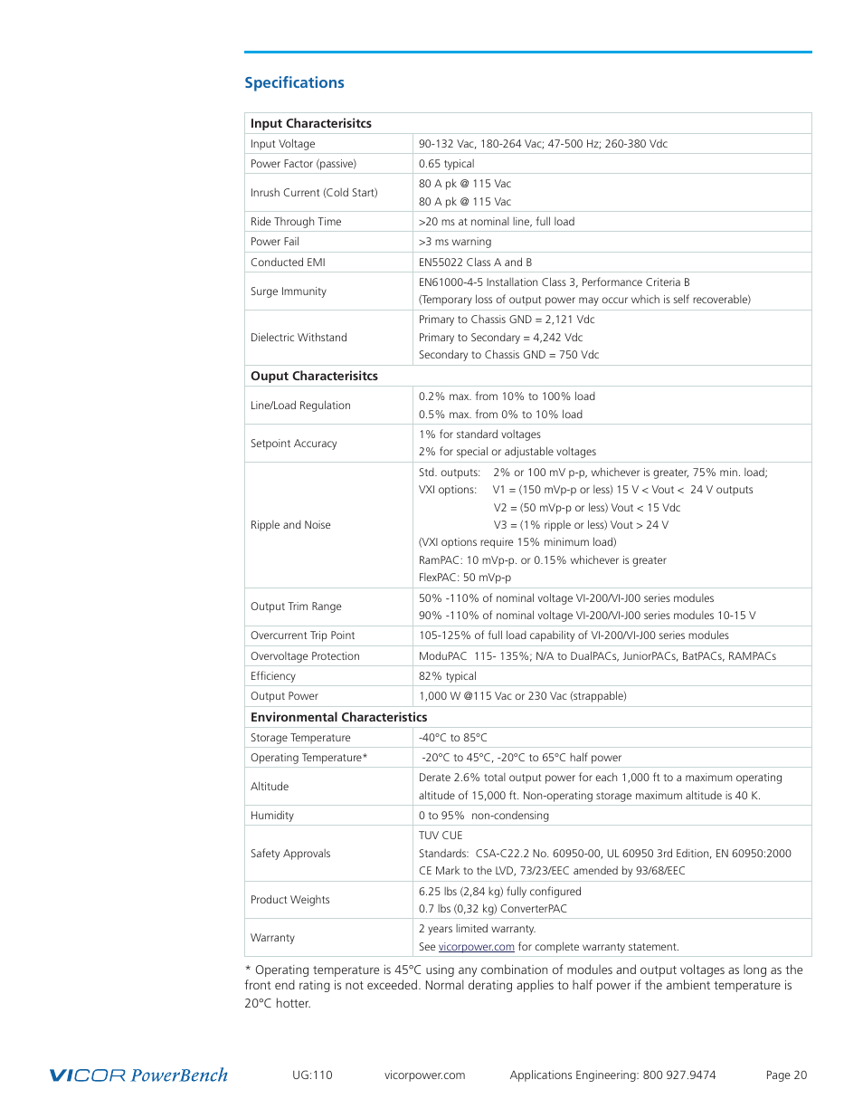 Specifications 20, Specifications | Vicor Mini MegaPAC AC-DC Switcher User Manual | Page 20 / 27