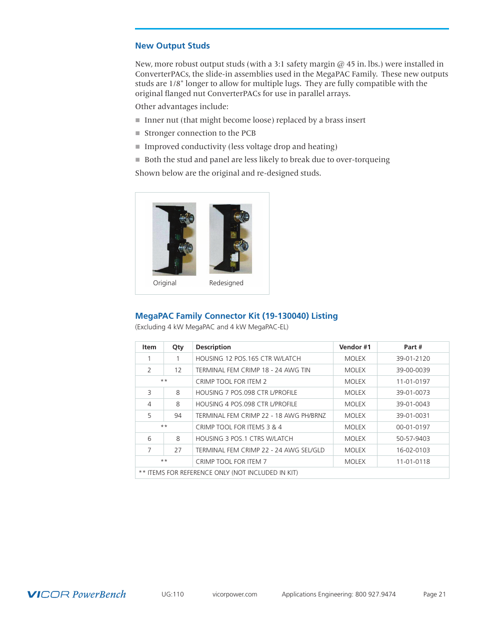 Output studs, Connector kit contents 21, New output studs | Vicor Mini MegaPAC AC-DC Switcher User Manual | Page 21 / 27