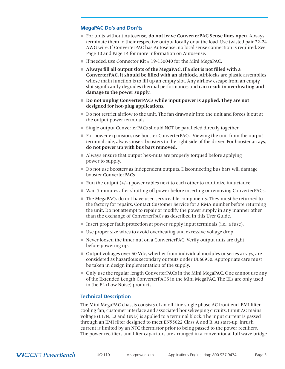 Megapac 3 do’s and don’ts, Technical description | Vicor Mini MegaPAC AC-DC Switcher User Manual | Page 3 / 27