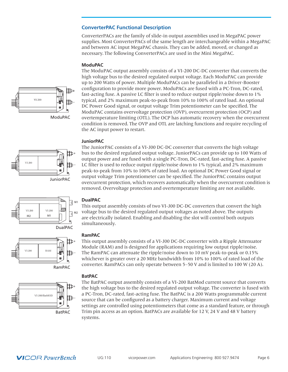 Converterpac 6 description, Converterpac functional description, Modupac juniorpac dualpac rampac batpac | Vicor Mini MegaPAC AC-DC Switcher User Manual | Page 6 / 27