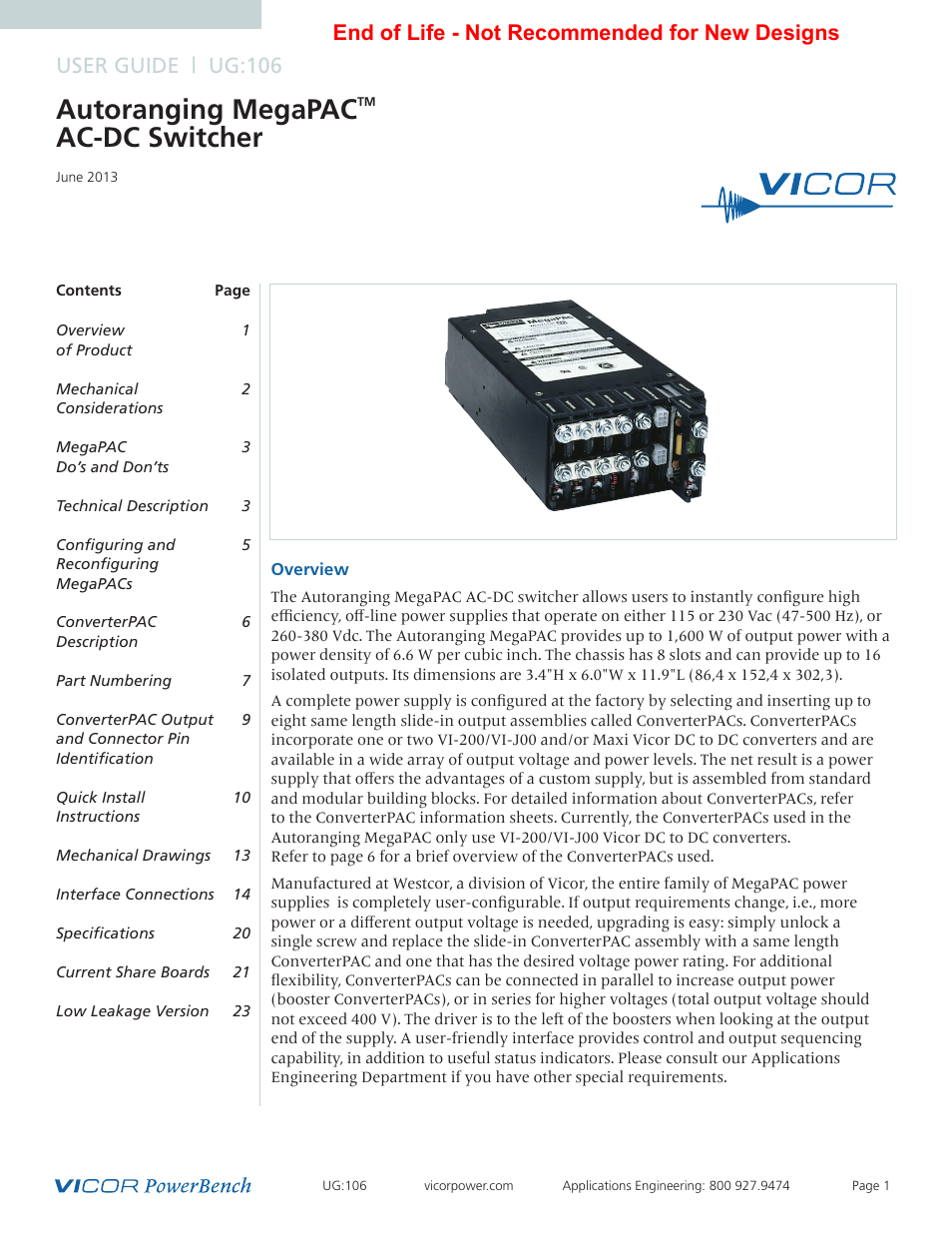 Vicor Autoranging MegaPAC AC-DC Switcher User Manual | 25 pages