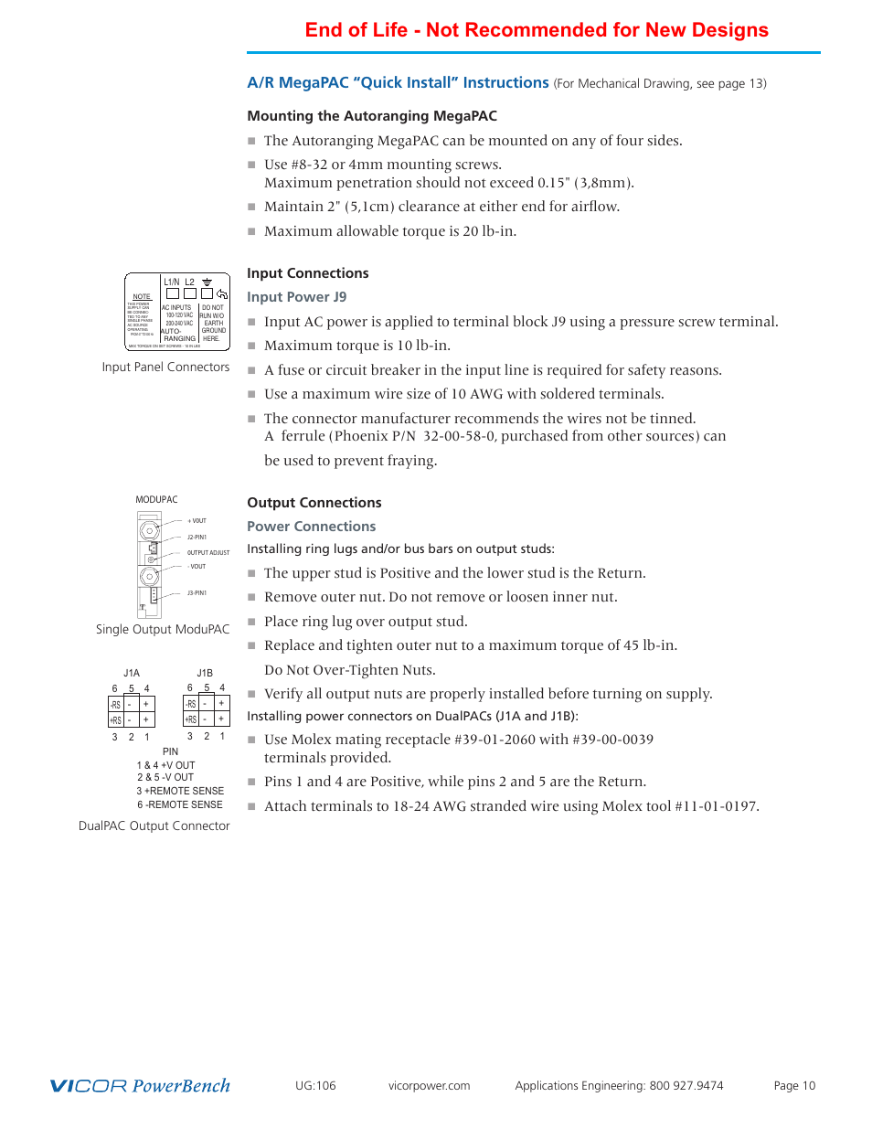 End of life - not recommended for new designs, A/r megapac “quick install” instructions, Mounting the autoranging megapac | Maximum torque is 10 lb-in, Place ring lug over output stud | Vicor Autoranging MegaPAC AC-DC Switcher User Manual | Page 10 / 25