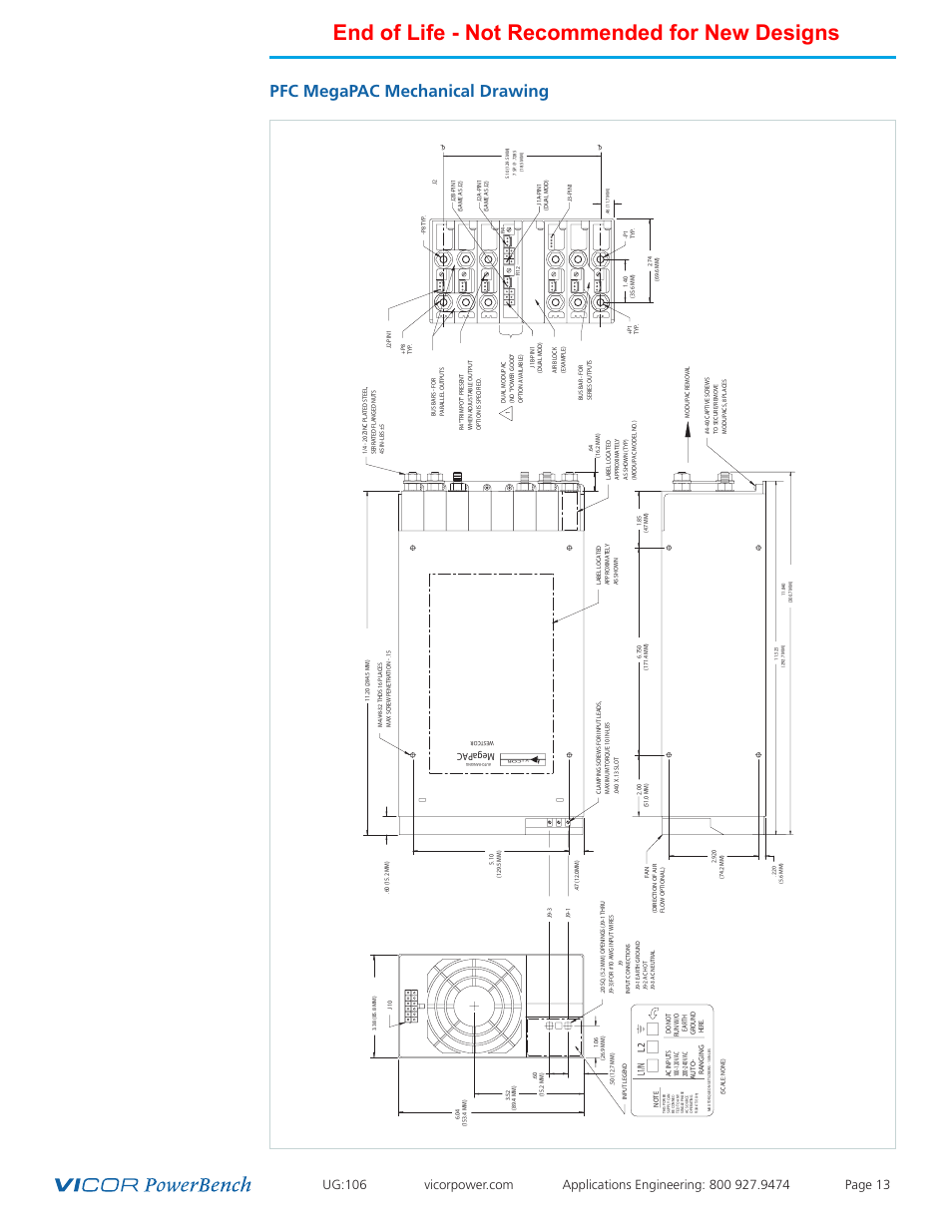 End of life - not recommended for new designs, Pfc megapac mechanical drawing, Megapac | L1/n | Vicor Autoranging MegaPAC AC-DC Switcher User Manual | Page 13 / 25