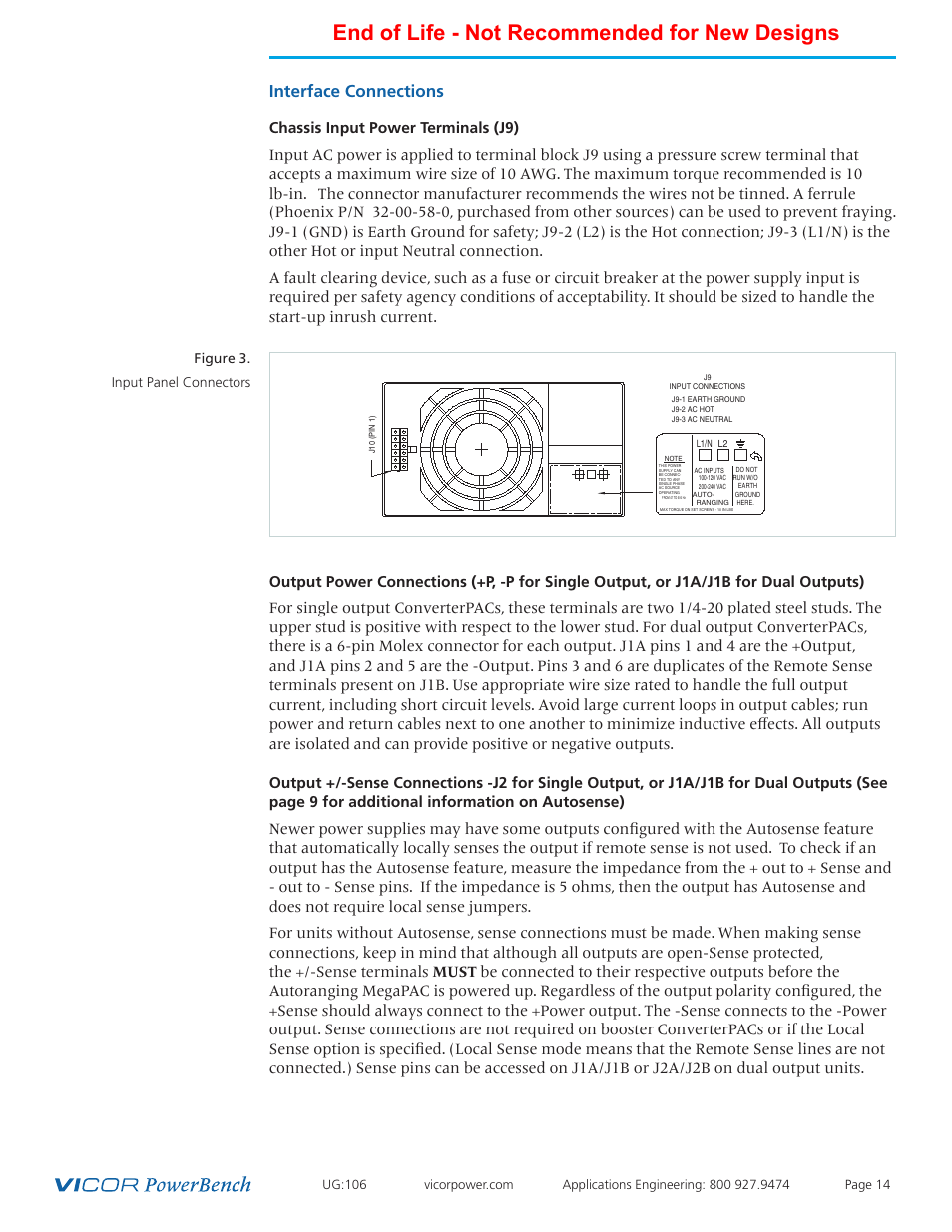 End of life - not recommended for new designs, Interface connections, Figure 3. input panel connectors | Vicor Autoranging MegaPAC AC-DC Switcher User Manual | Page 14 / 25