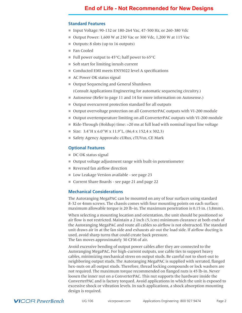 End of life - not recommended for new designs | Vicor Autoranging MegaPAC AC-DC Switcher User Manual | Page 2 / 25