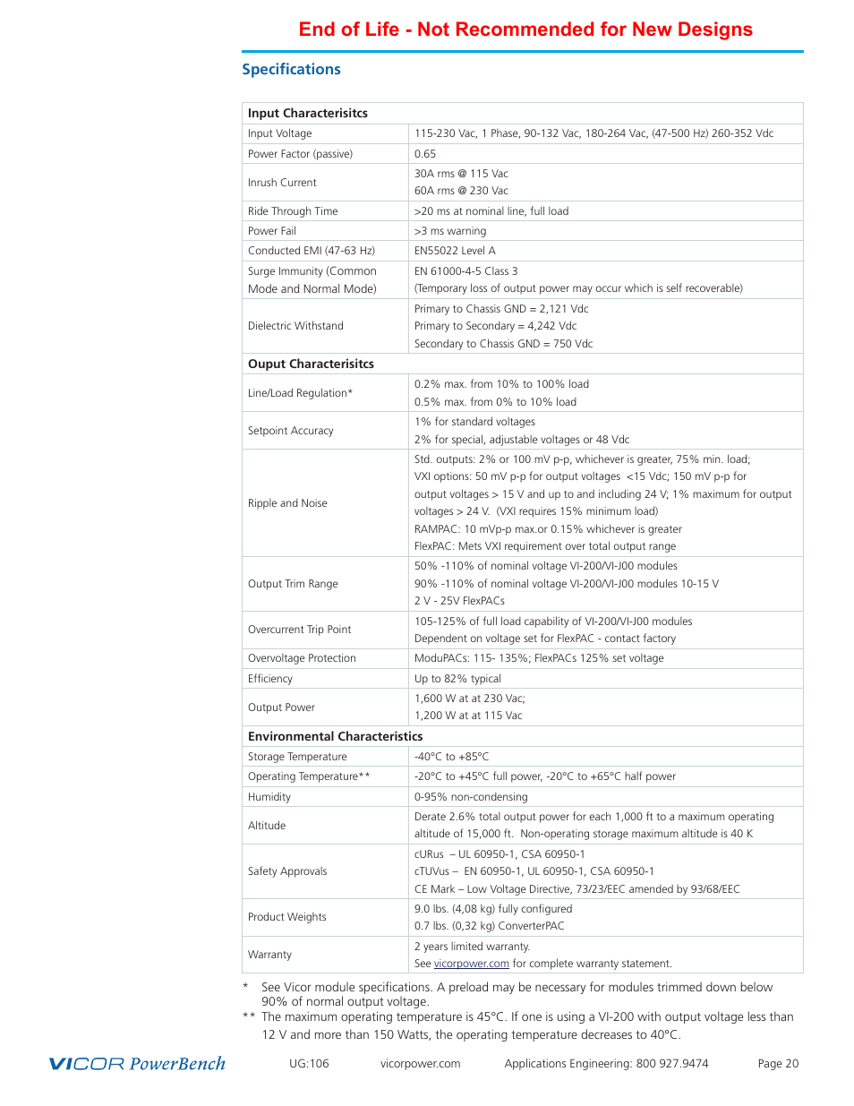 End of life - not recommended for new designs, Specifications | Vicor Autoranging MegaPAC AC-DC Switcher User Manual | Page 20 / 25