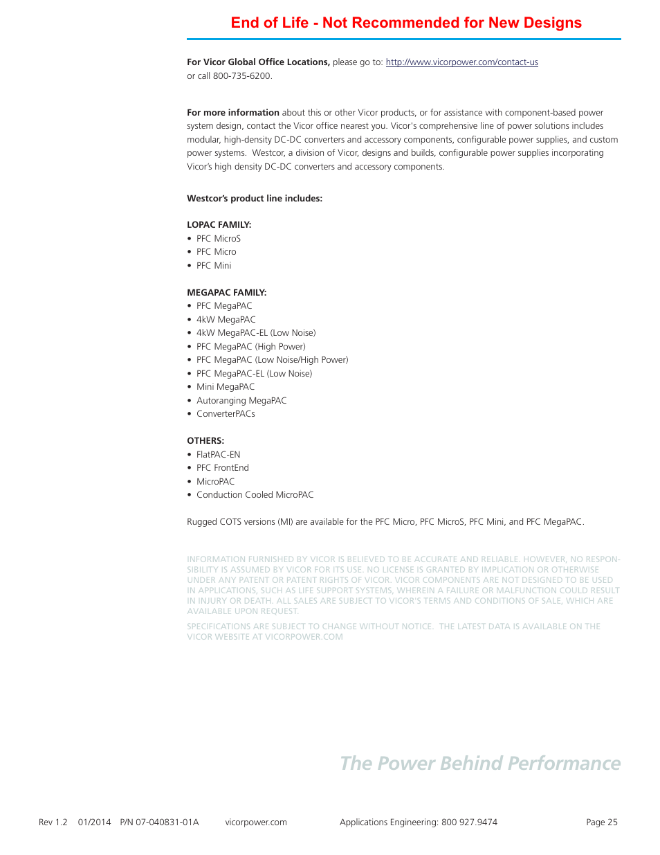 The power behind performance, End of life - not recommended for new designs | Vicor Autoranging MegaPAC AC-DC Switcher User Manual | Page 25 / 25